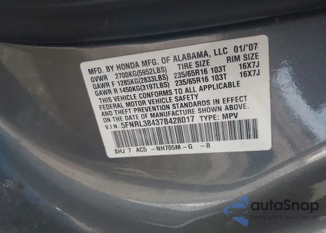 2007 Honda Odyssey Ex z USA, uszkodzony, nr VIN 5FNRL38437B428017
